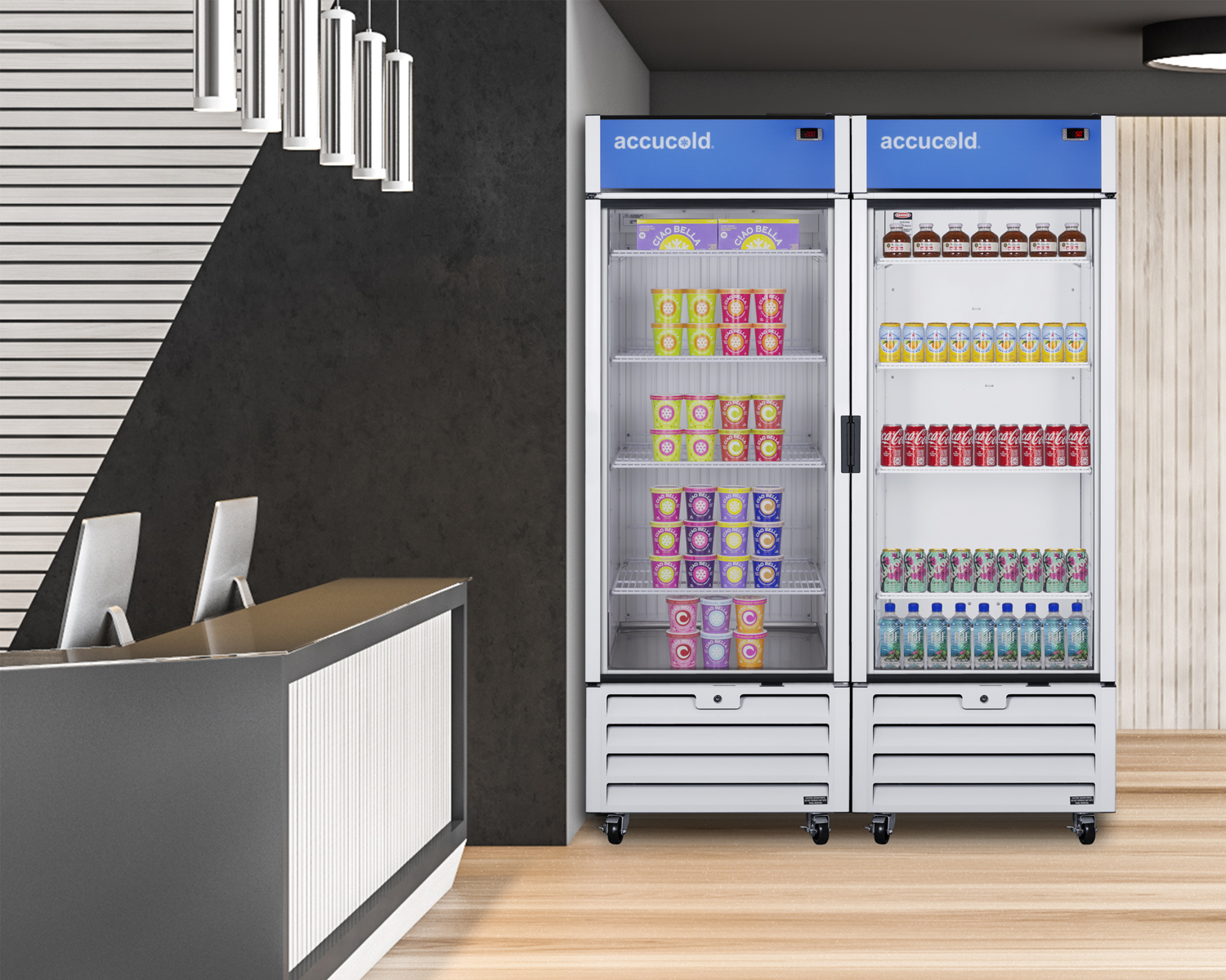 21.34 cu.ft. upright commercial display freezer with self-closing glass door, front lock, and white cabinet